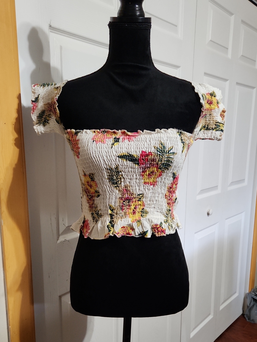 White Floral Smocked Off-Shoulder Crop Top